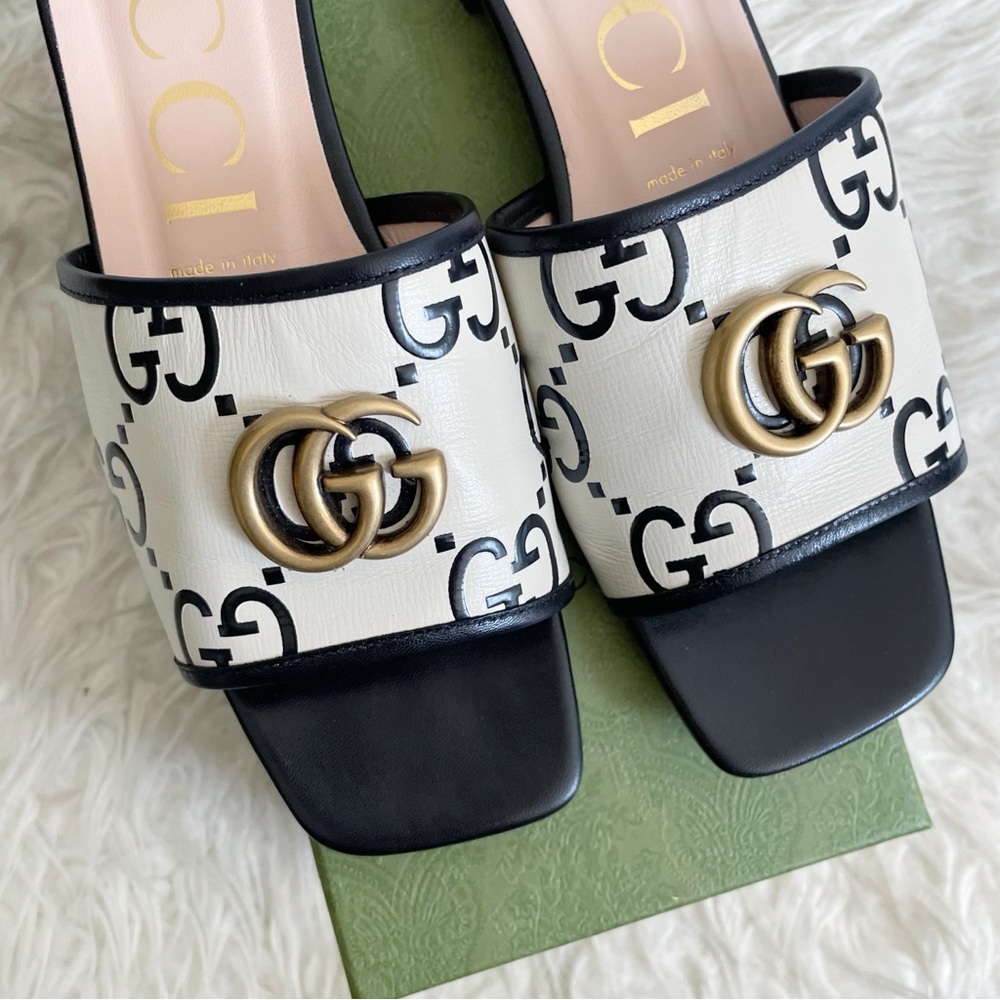 Gucci Jolie GG Marmont Slide Sandal Black White Leather size 39.5 - Picture 14 of 16